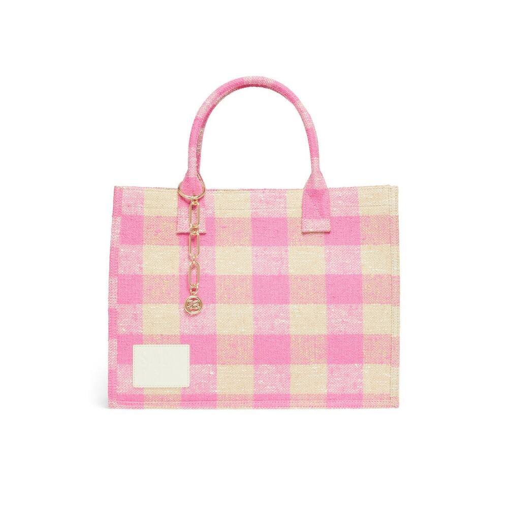 SANDRO Women's Beige Pink Rose Gingham Checkered Tote Bag - Picture 2 of 16